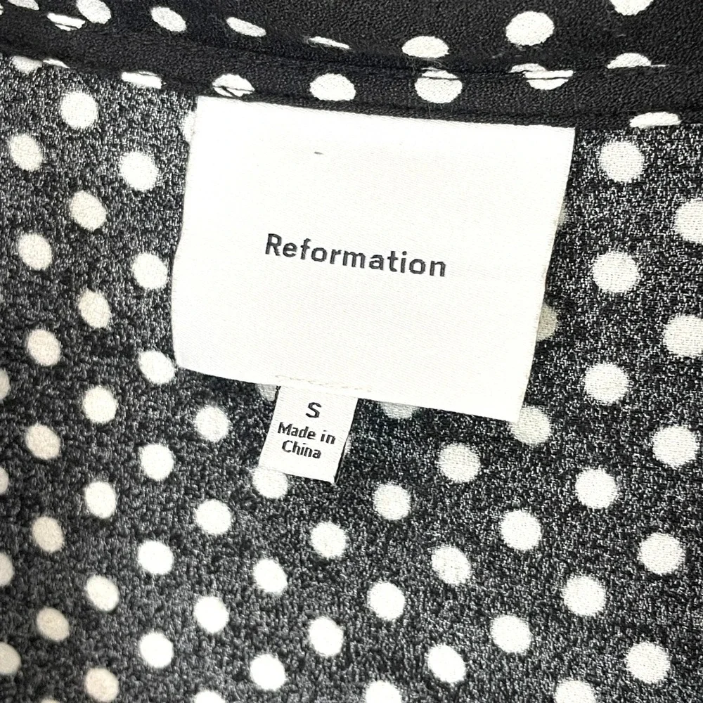 Reformation Anaya Caviar Dot Polka Tie Front Blouse Black White Puff Sleeve S